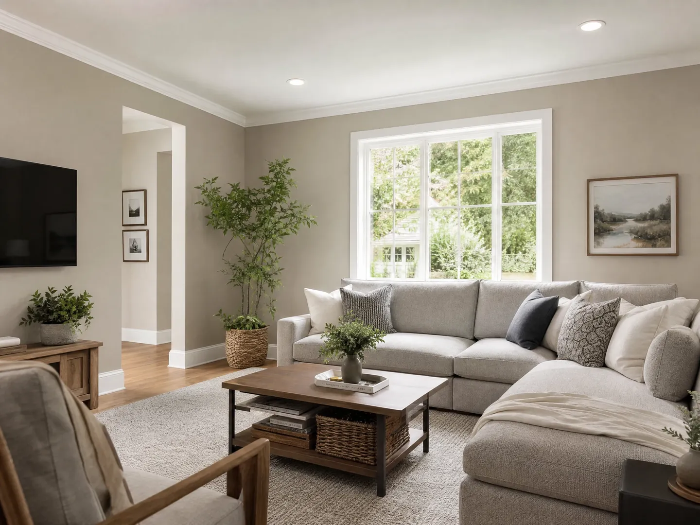 Interior colour inspiration: warm greige living room with white trim